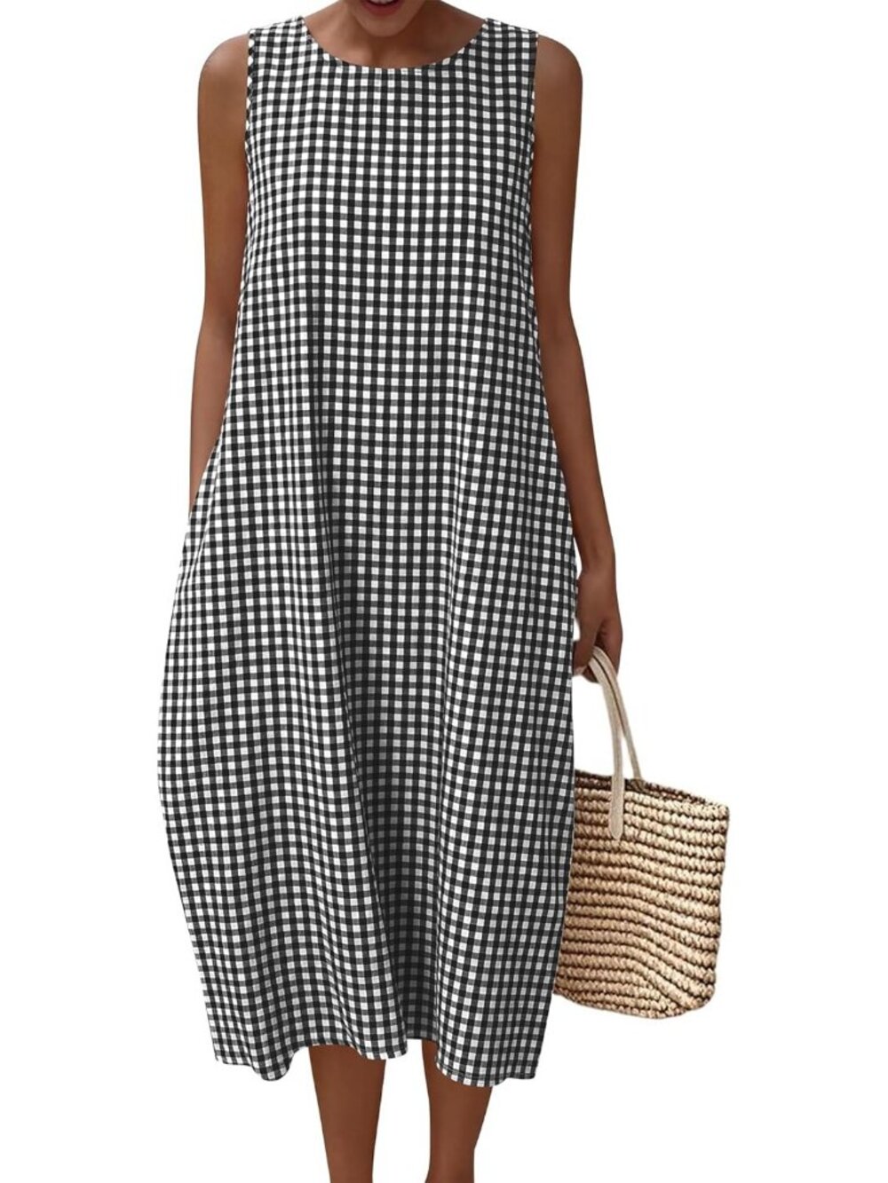 🆕 Women Dress Maxi  Black Plaid Crew Neck Short Sleeve Vacation Casual Summer